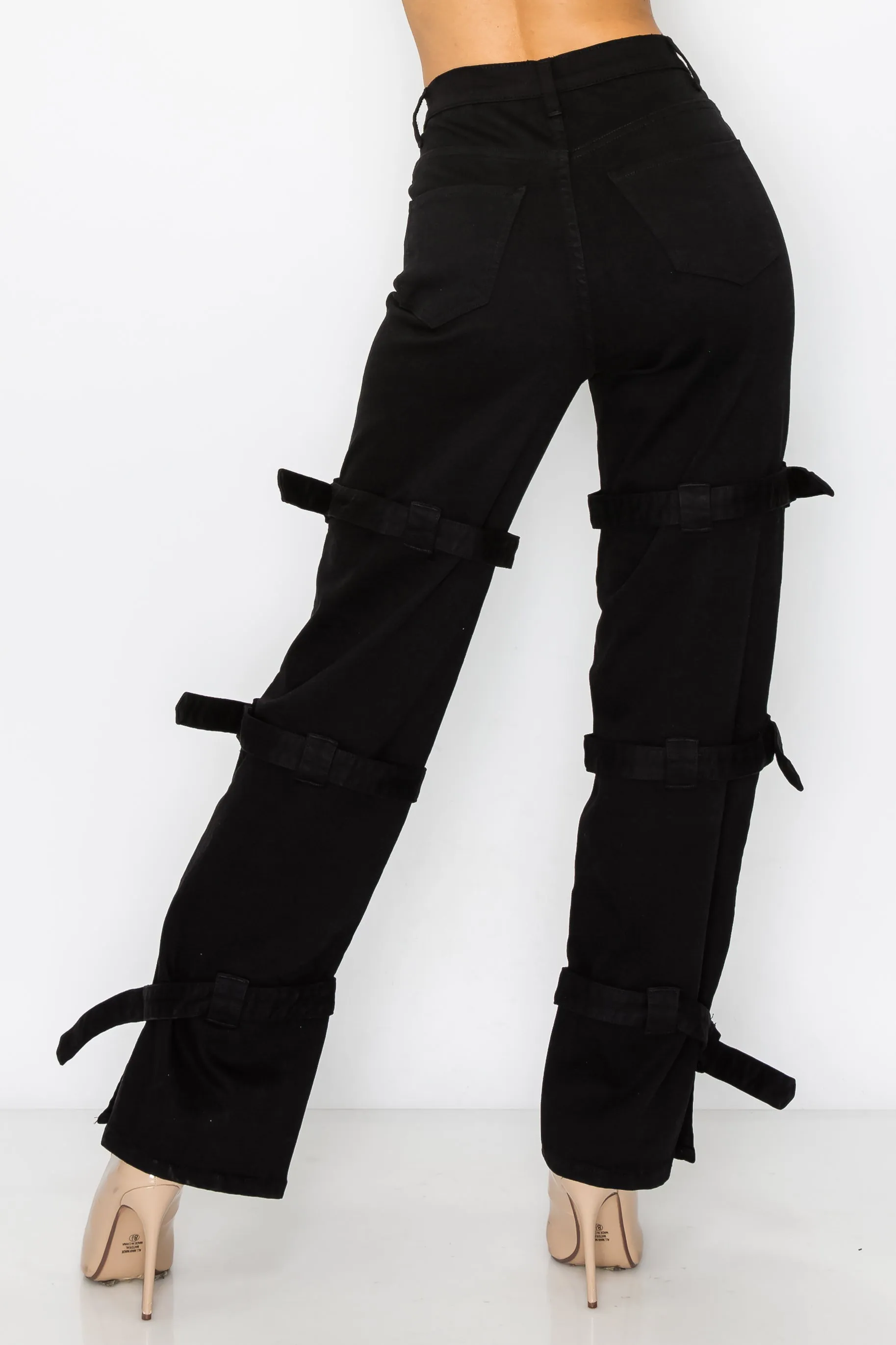 40417 Women's High rise Black Straight Jeans with Leg straps-BLACK