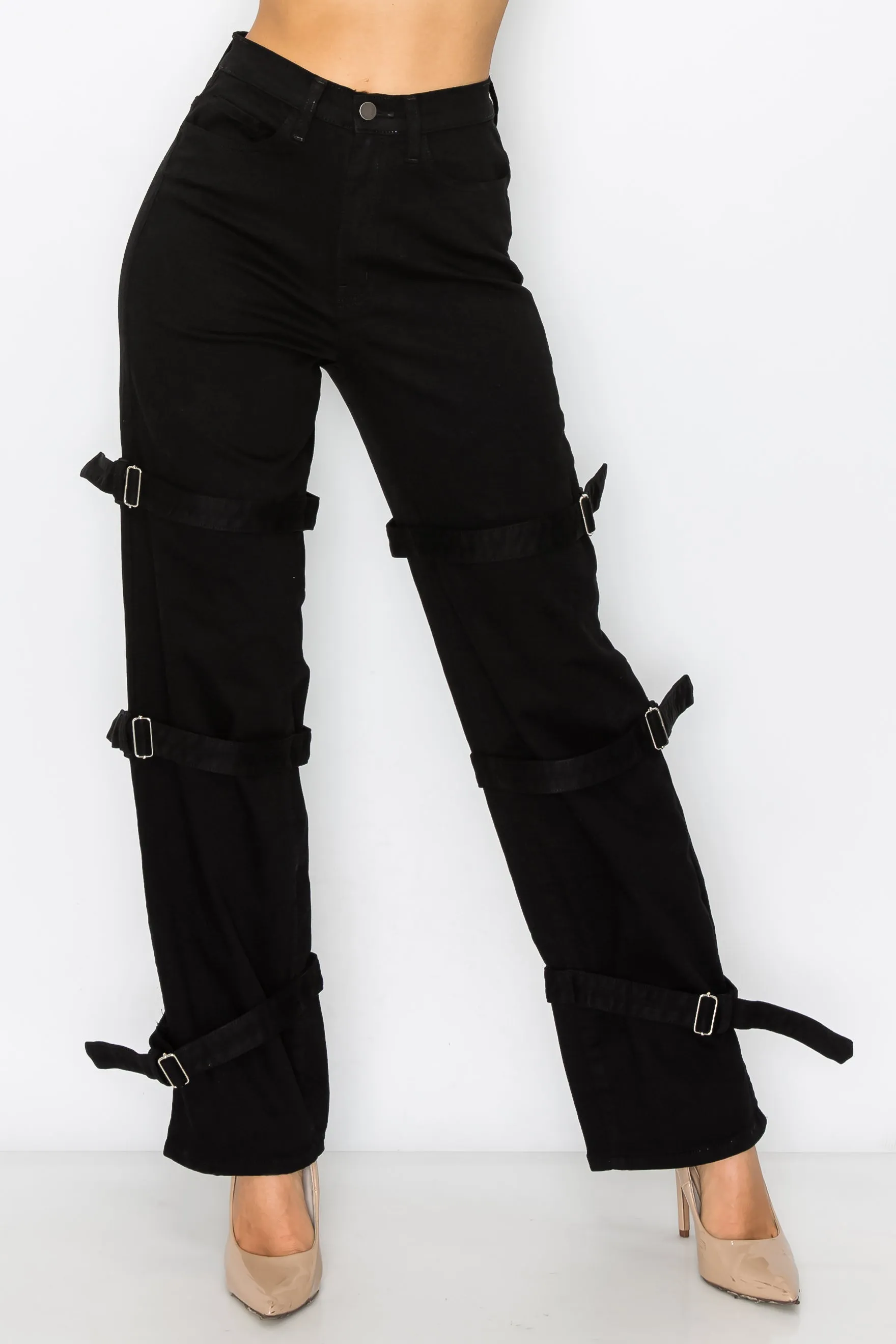 40417 Women's High rise Black Straight Jeans with Leg straps-BLACK