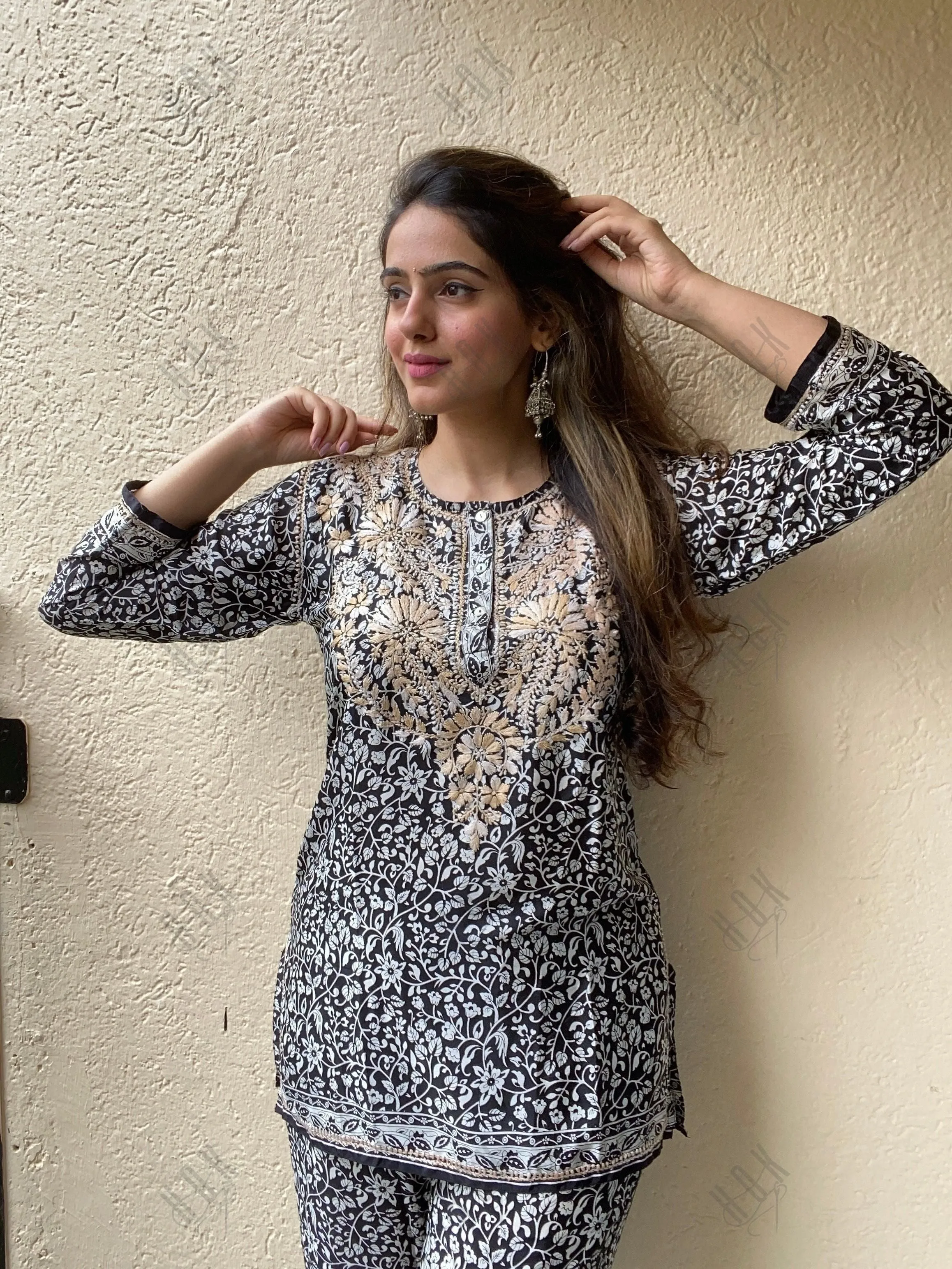 Amita in Chikankari Co-ord set in Polysilk for Women- Black With Golden