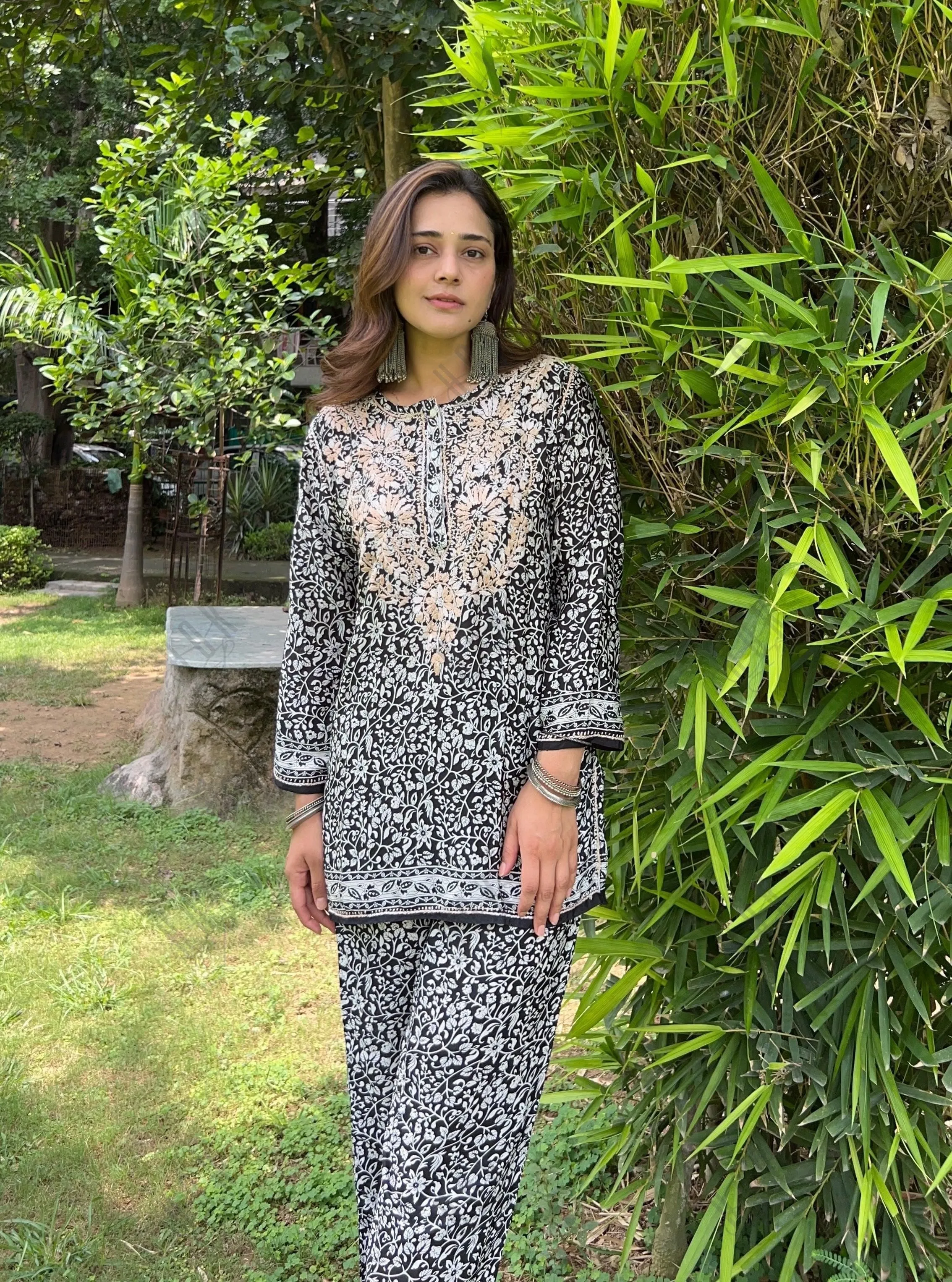 Amita in Chikankari Co-ord set in Polysilk for Women- Black With Golden