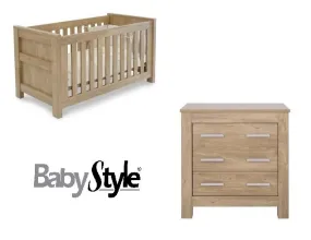 Baby Style Bordeaux 2pc Furniture Set - Oak inc free Sprung Cot Bed Mattress