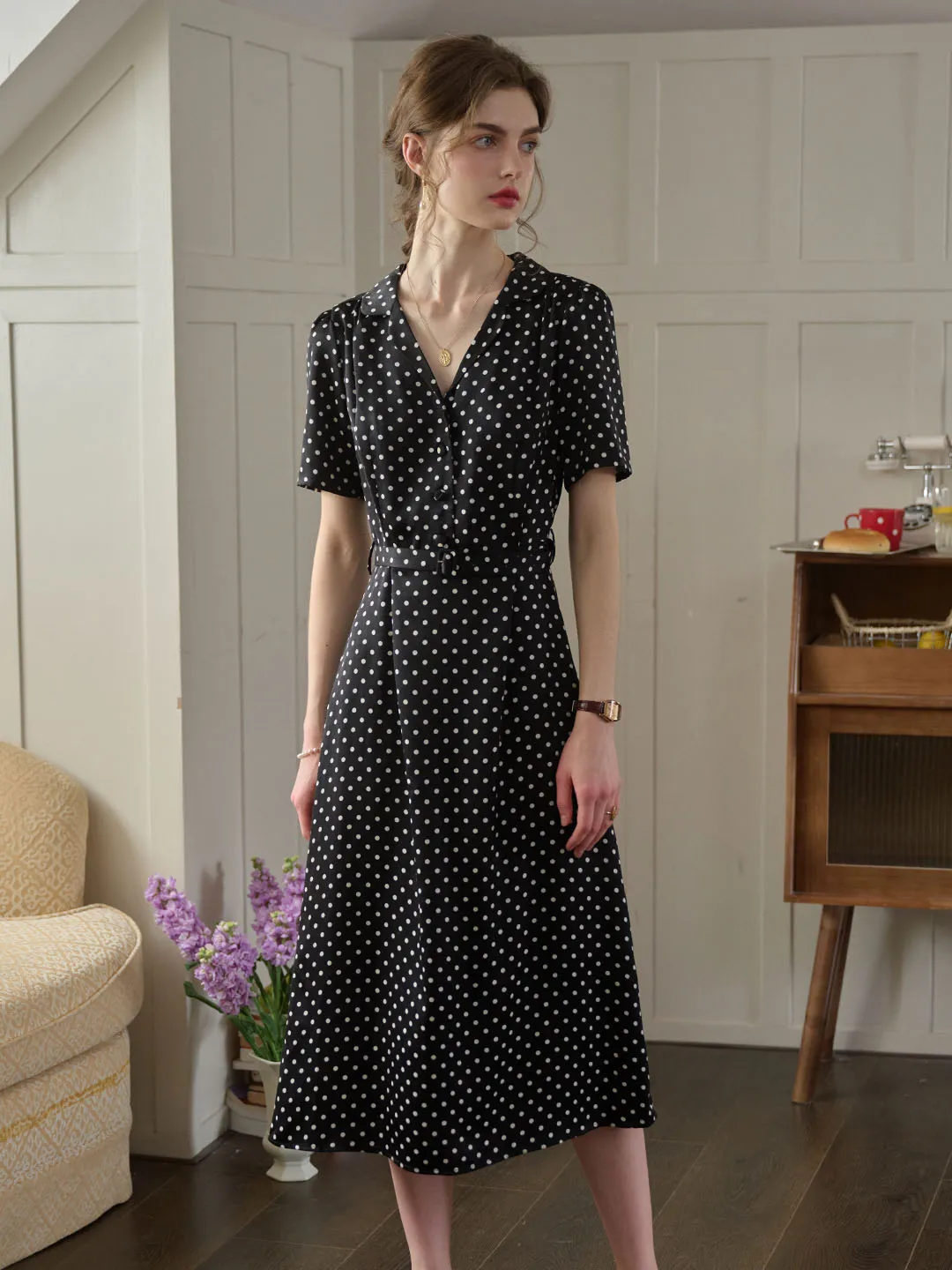 Baylee French Retro Polka Dot V-Neck Dress