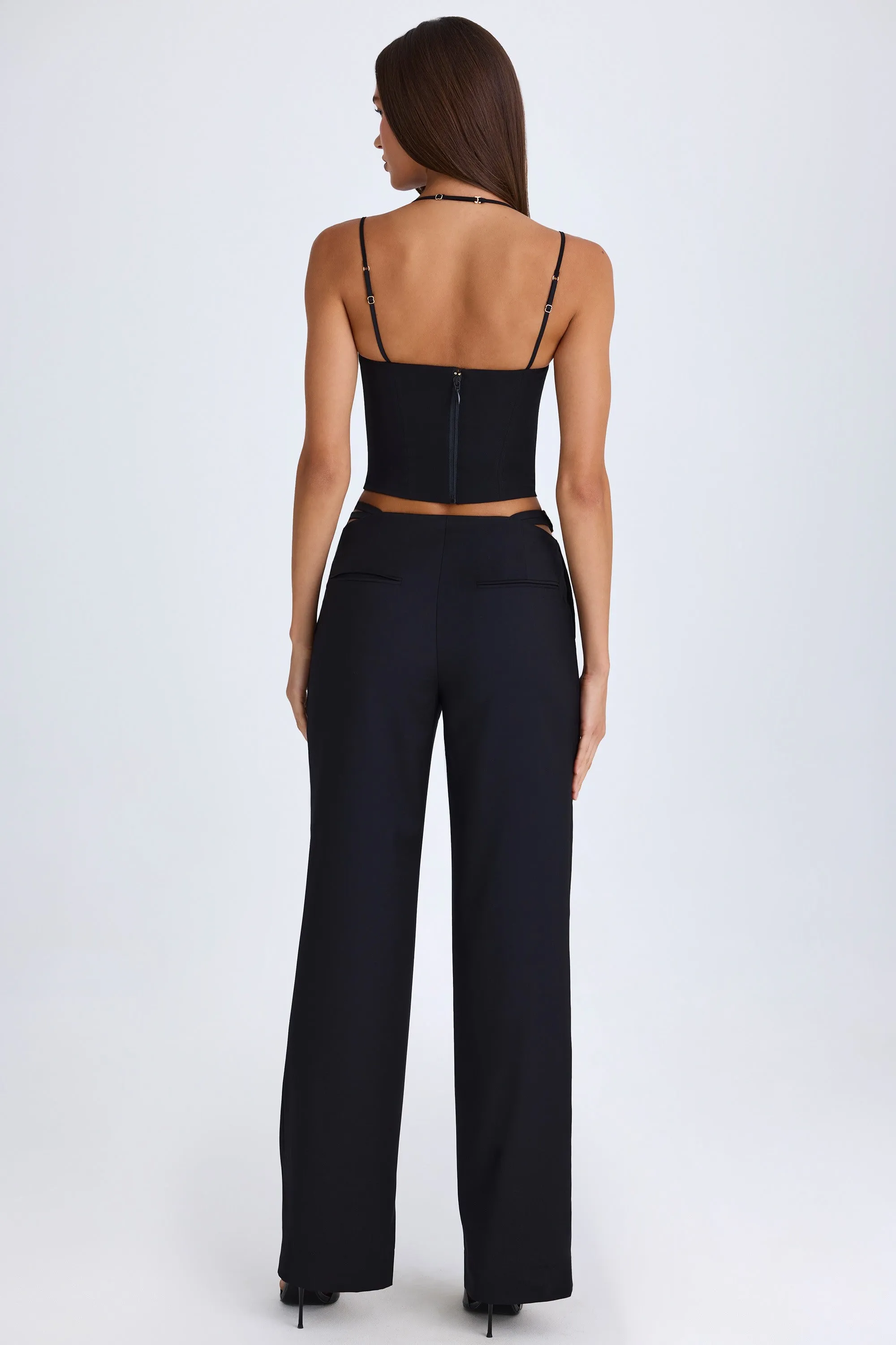 Belted Cut-Out Wide-Leg Trousers in Black