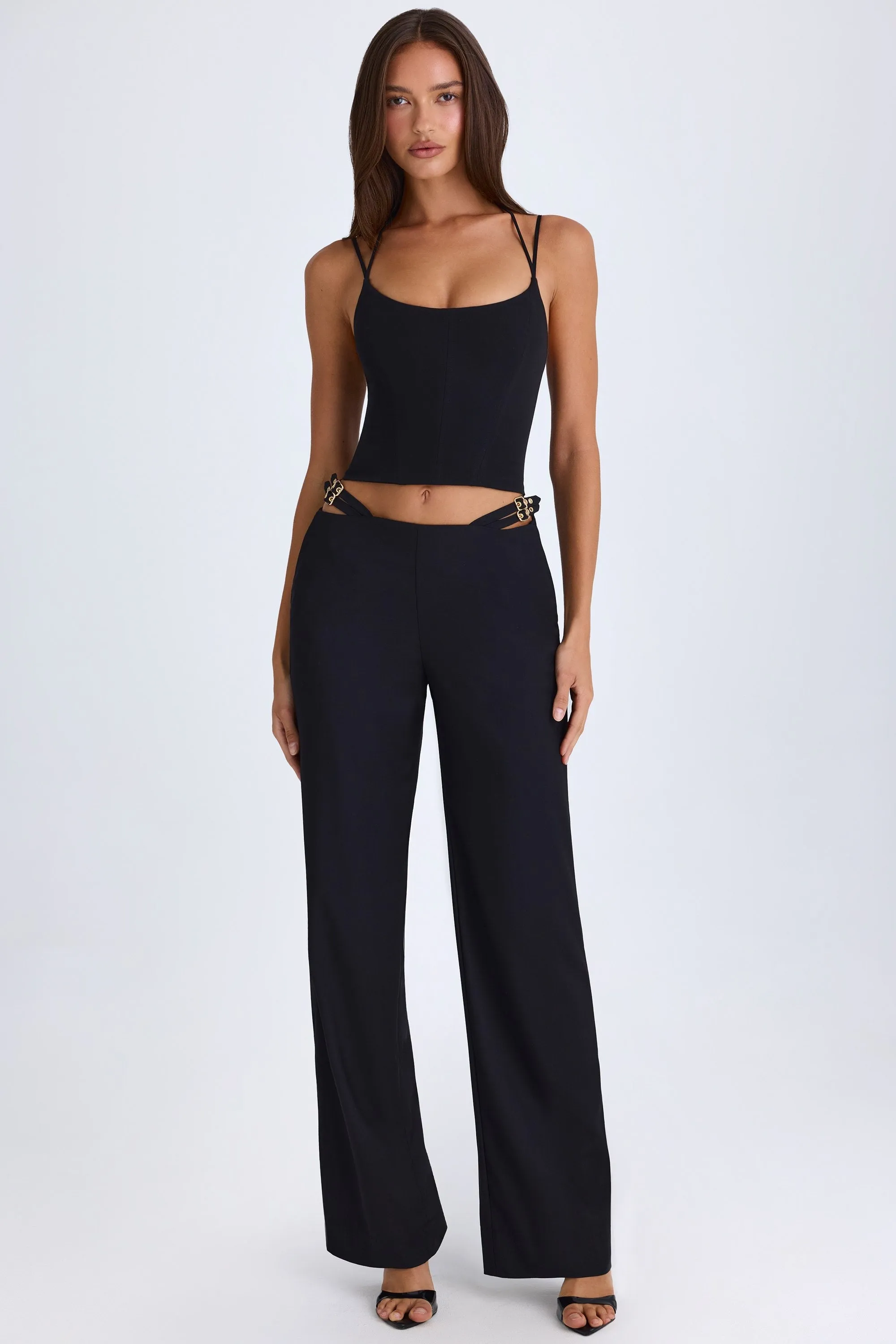 Belted Cut-Out Wide-Leg Trousers in Black