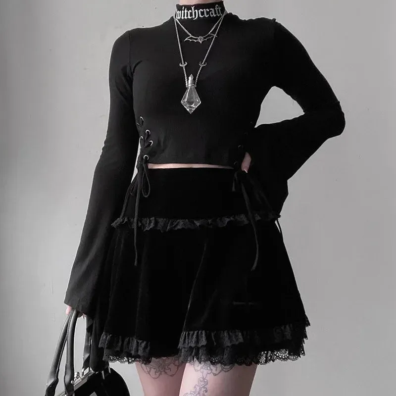 Black Goth Embroidery Lace Trim Mini Skirt