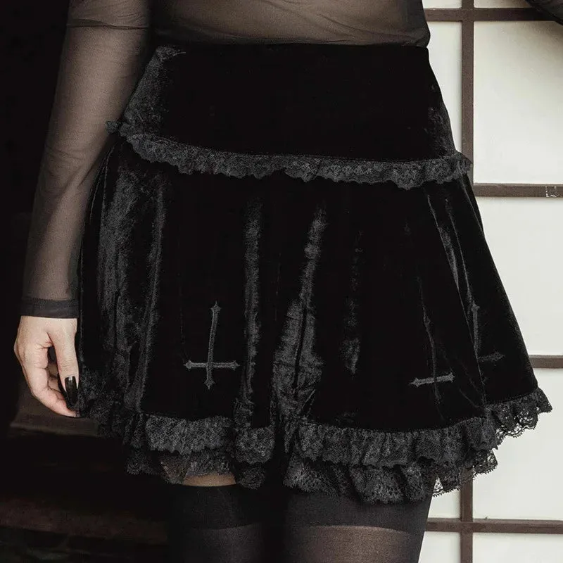 Black Goth Embroidery Lace Trim Mini Skirt