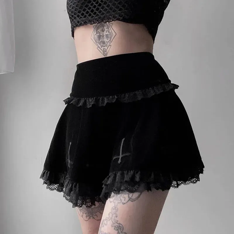 Black Goth Embroidery Lace Trim Mini Skirt