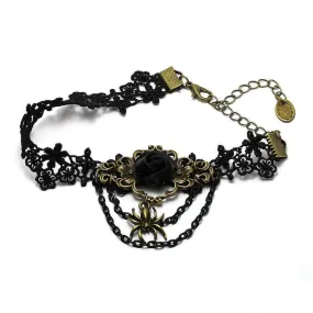 Black Lace Goth Anklet Rose and Spider Design