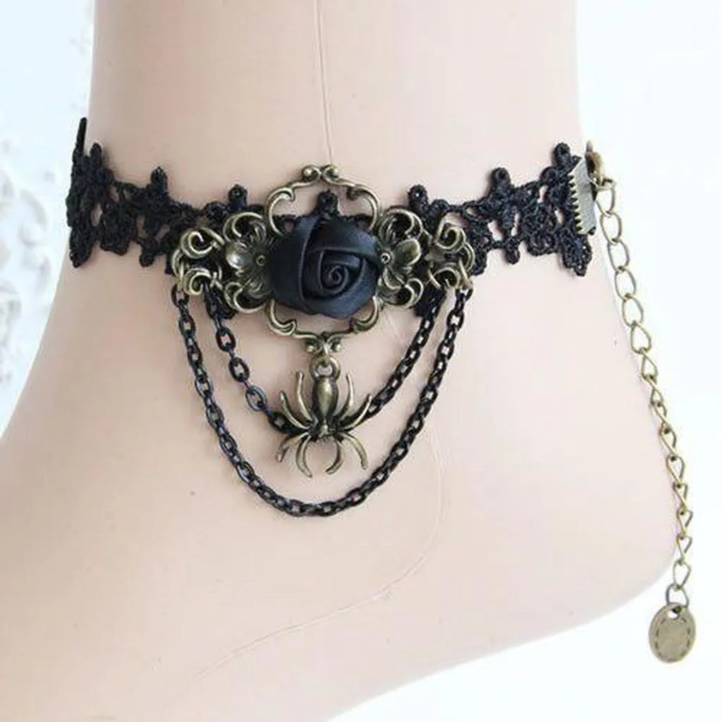 Black Lace Goth Anklet Rose and Spider Design