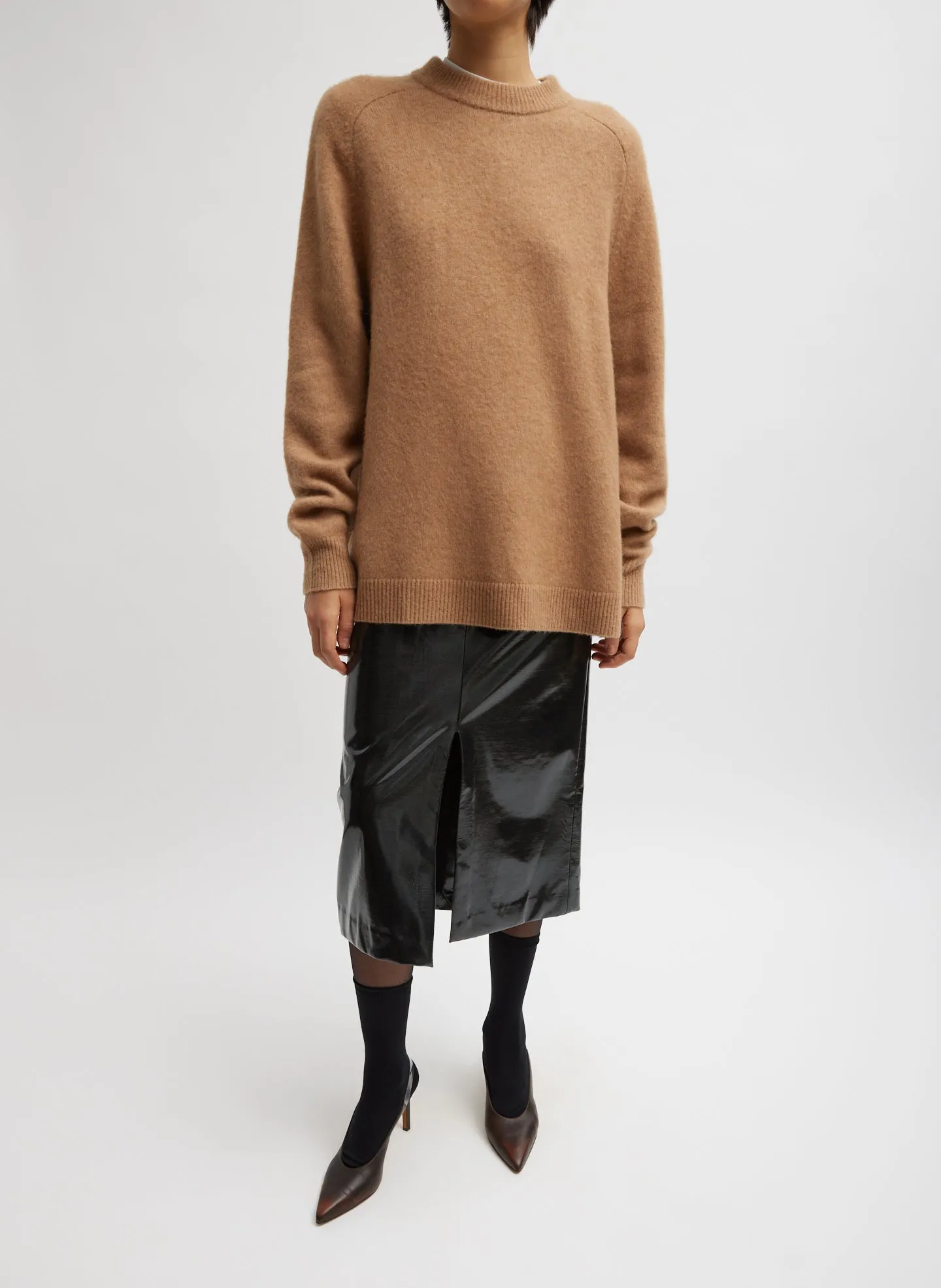 Camel Hair Knit Crewneck Oversized Pullover