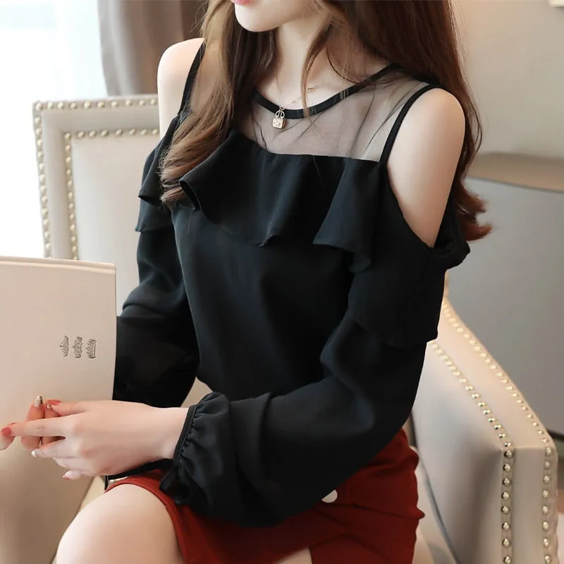 Casual Off Shoulder Tops Solid Long Sleeve Chiffon Blouse Blusas Mujer De Moda 2022 Autumn Women Tops and Blouse  6756 50