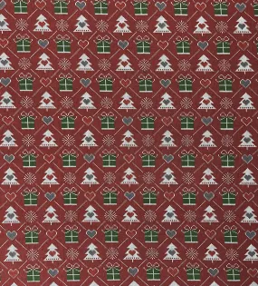 Dark Red Xmas Tree Print French Terry Brushed Back