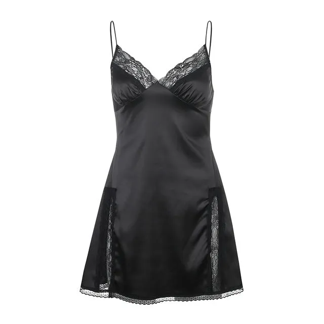 'Dressed to Kill' Black Satin Lace Strap Dress