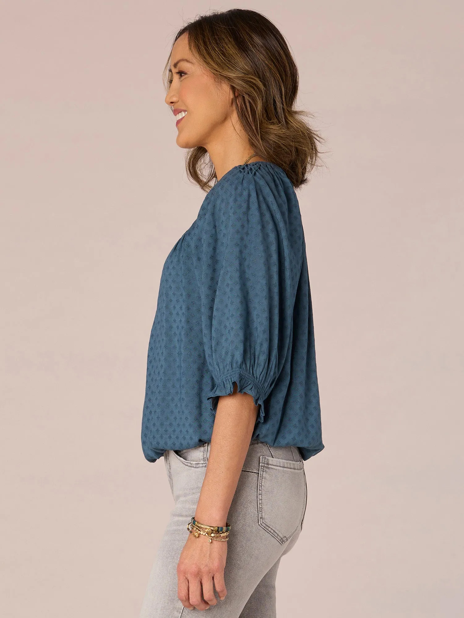 Elbow Ruffle Edge Sleeve Scoop Neck Bubble Hem Petite Woven Top