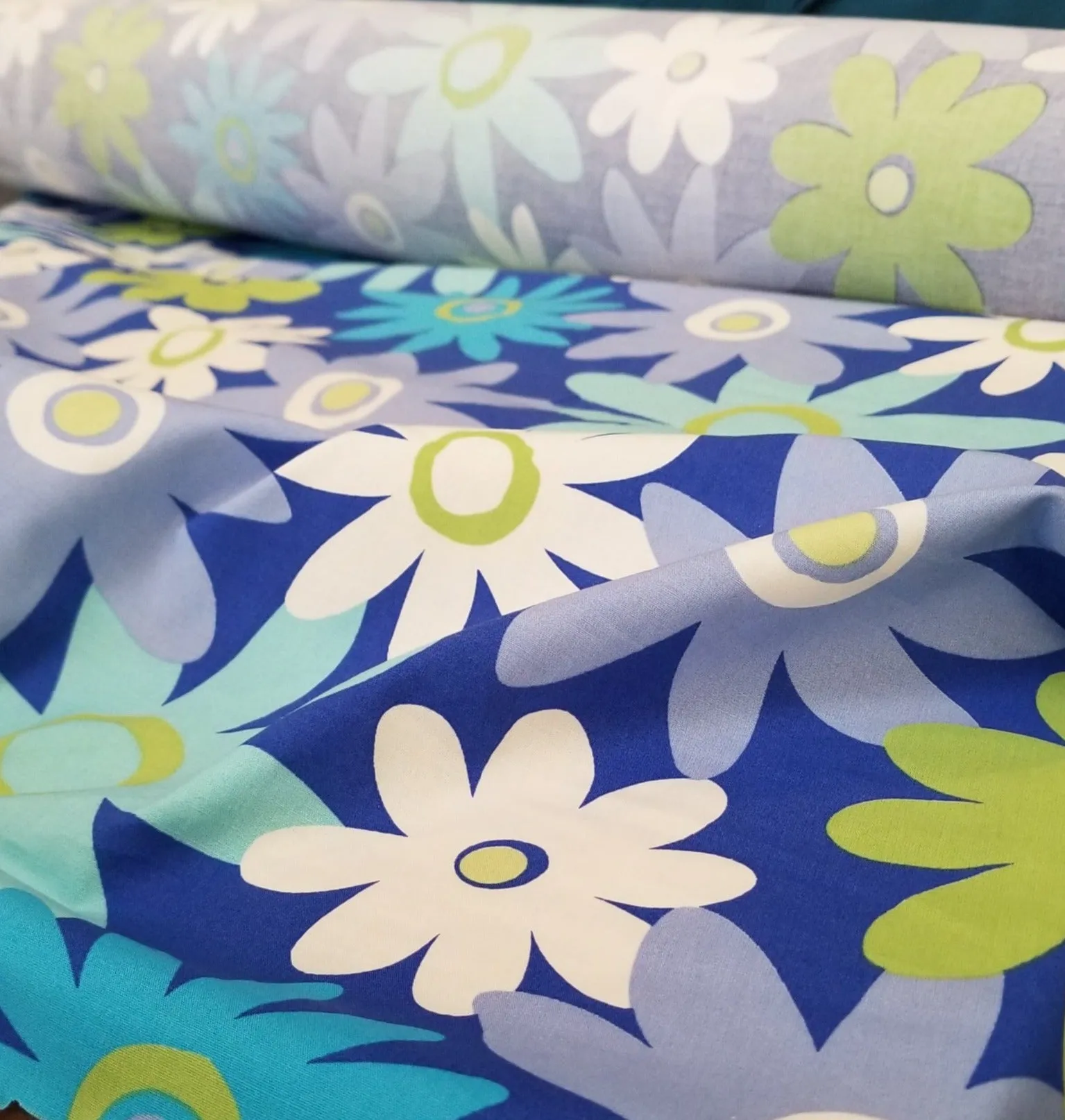 End of Bolt: 2 yards of Designer Deadstock Retro Flower Power Blue Cotton Spandex Poplin Woven-remnant