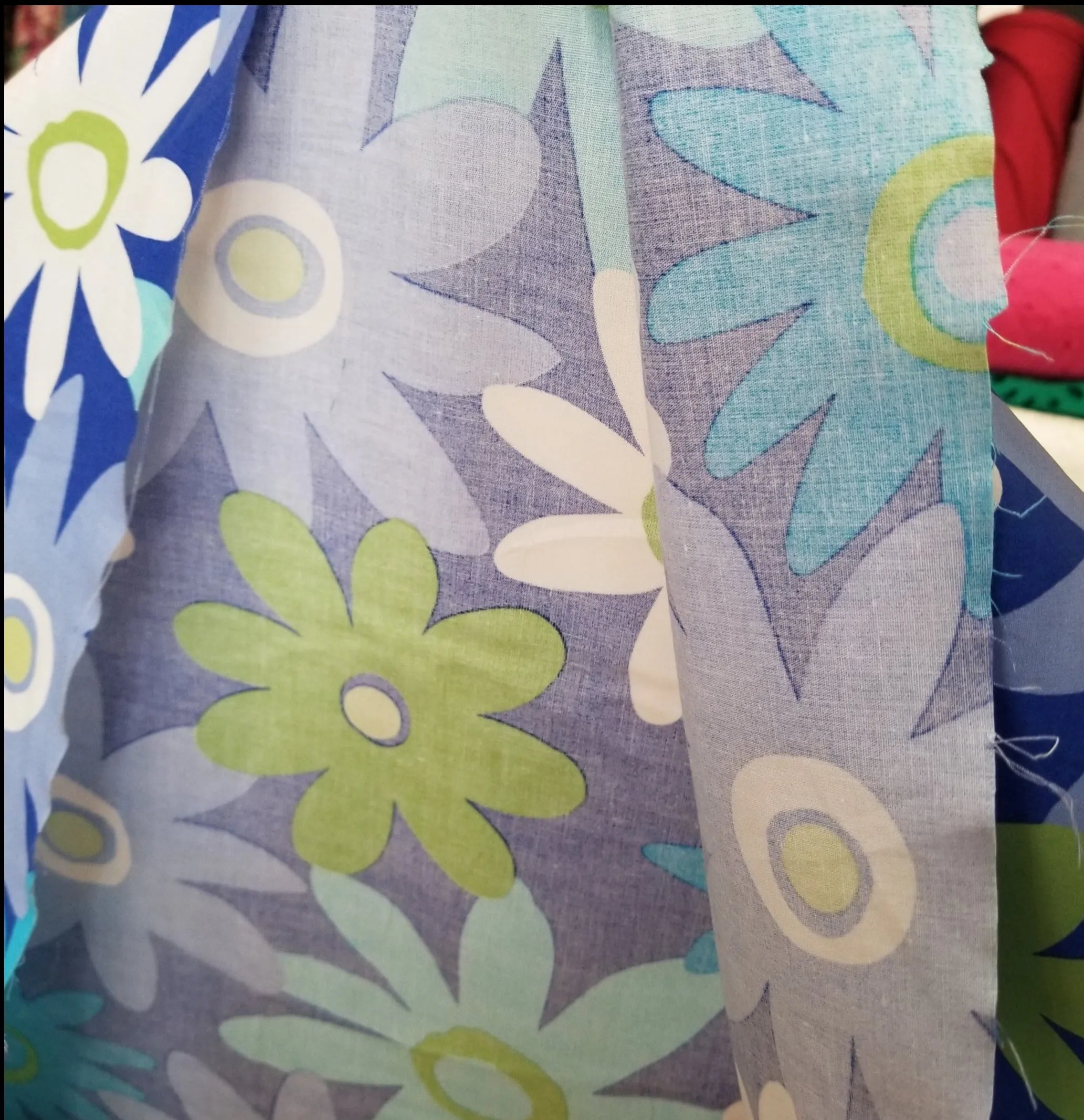 End of Bolt: 2 yards of Designer Deadstock Retro Flower Power Blue Cotton Spandex Poplin Woven-remnant