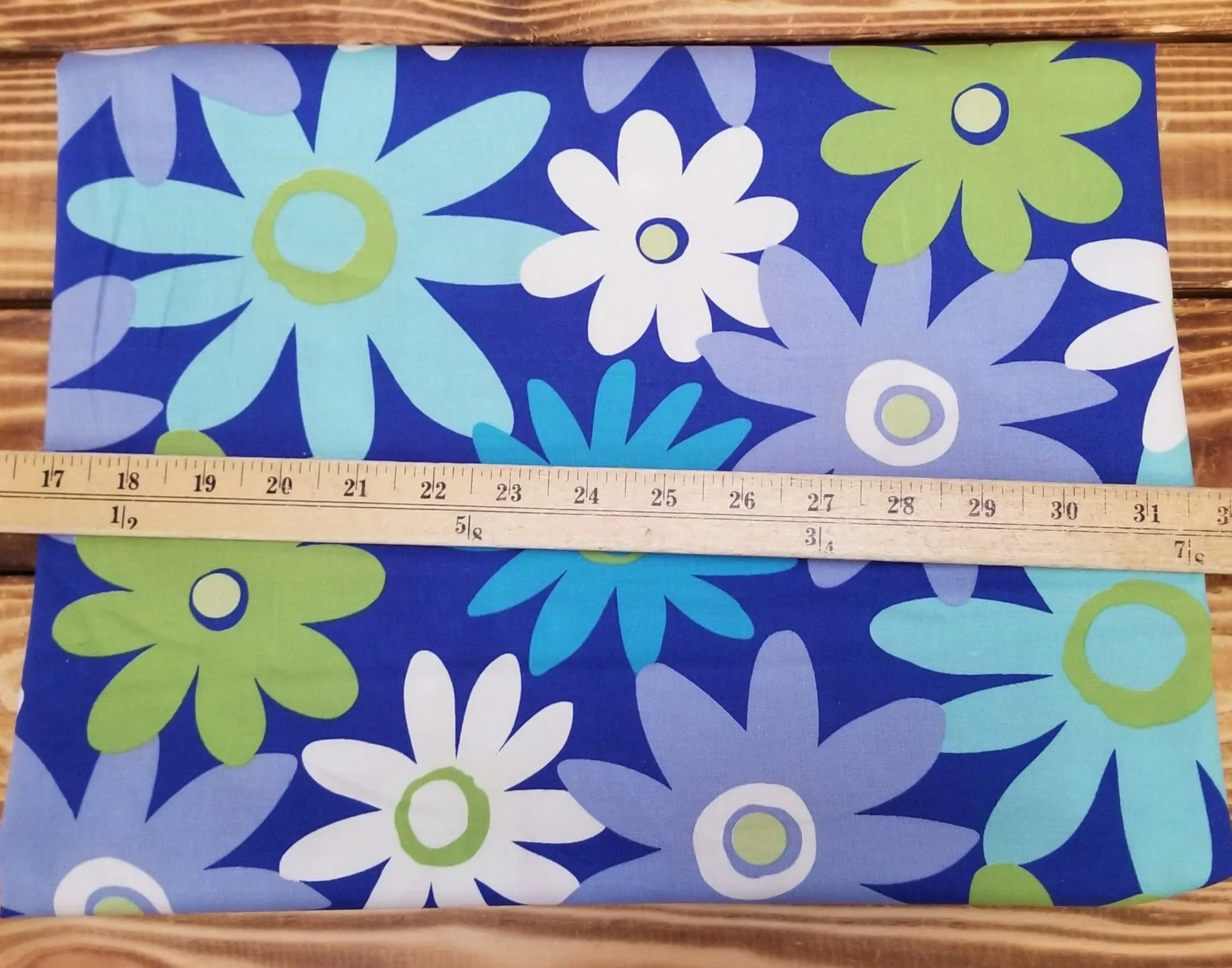 End of Bolt: 2 yards of Designer Deadstock Retro Flower Power Blue Cotton Spandex Poplin Woven-remnant