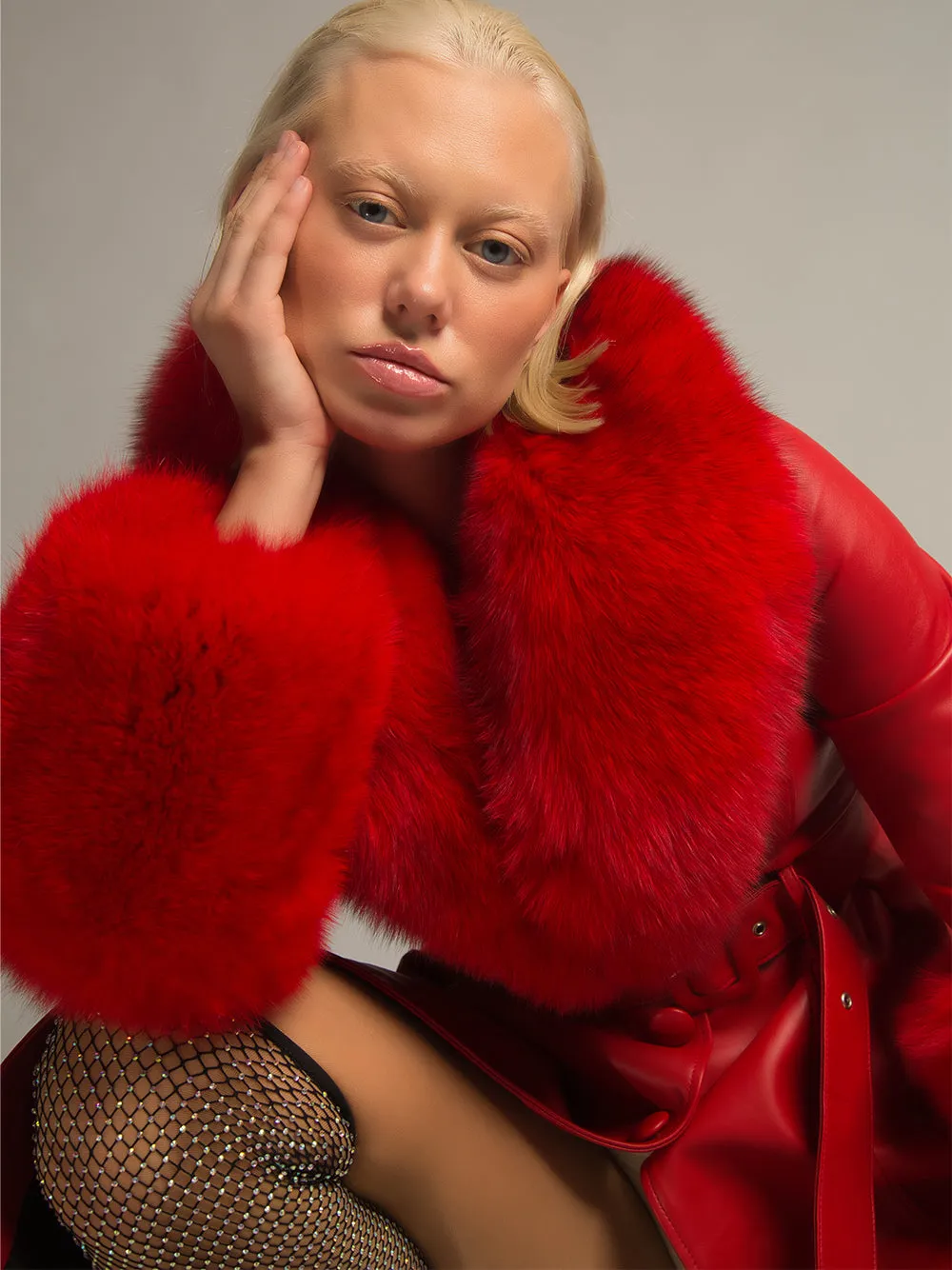 Foxy Leather Coat w/ Fox Fur In Red