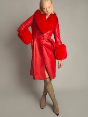 Foxy Leather Coat w/ Fox Fur In Red