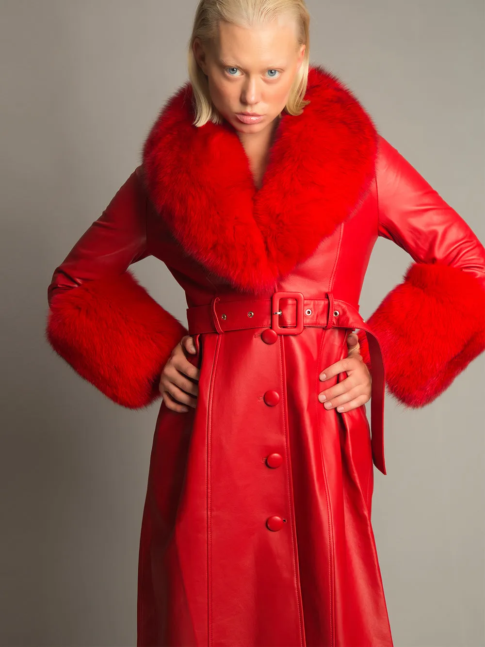 Foxy Leather Coat w/ Fox Fur In Red