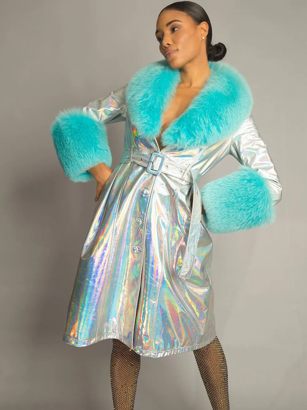 Foxy Leather Coat w/ Fox Fur In Silver-Turquoise