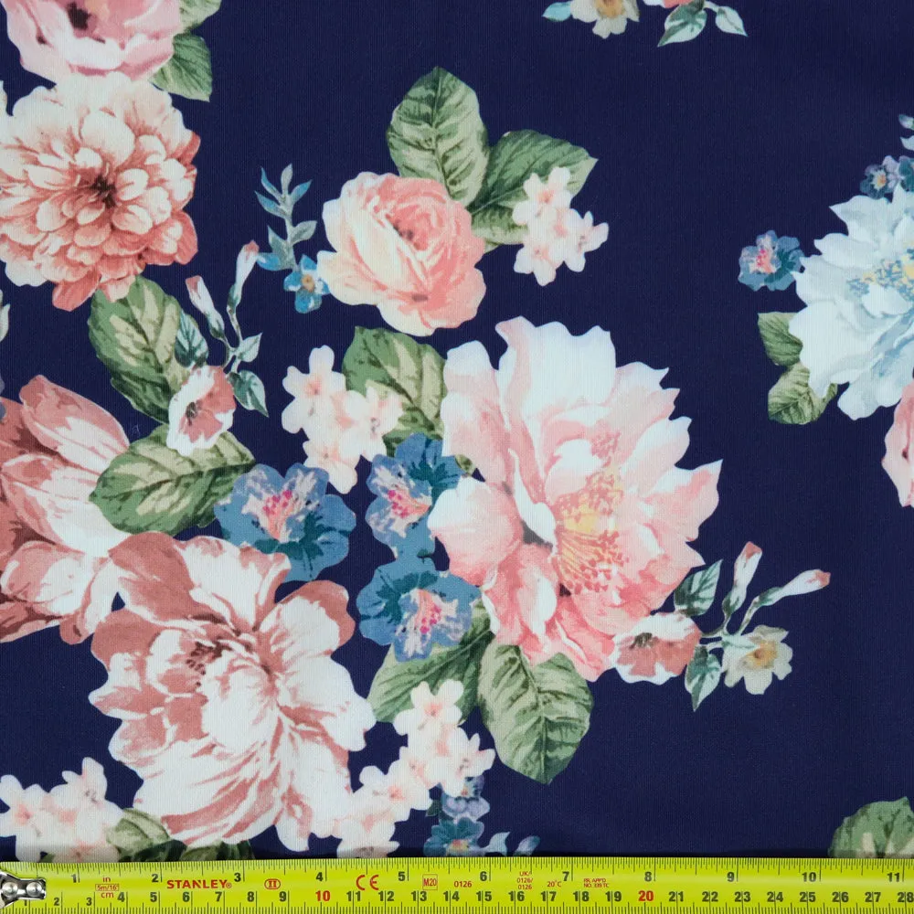 FS1152 Royal Bloom Floral Scuba Stretch Fabric Navy