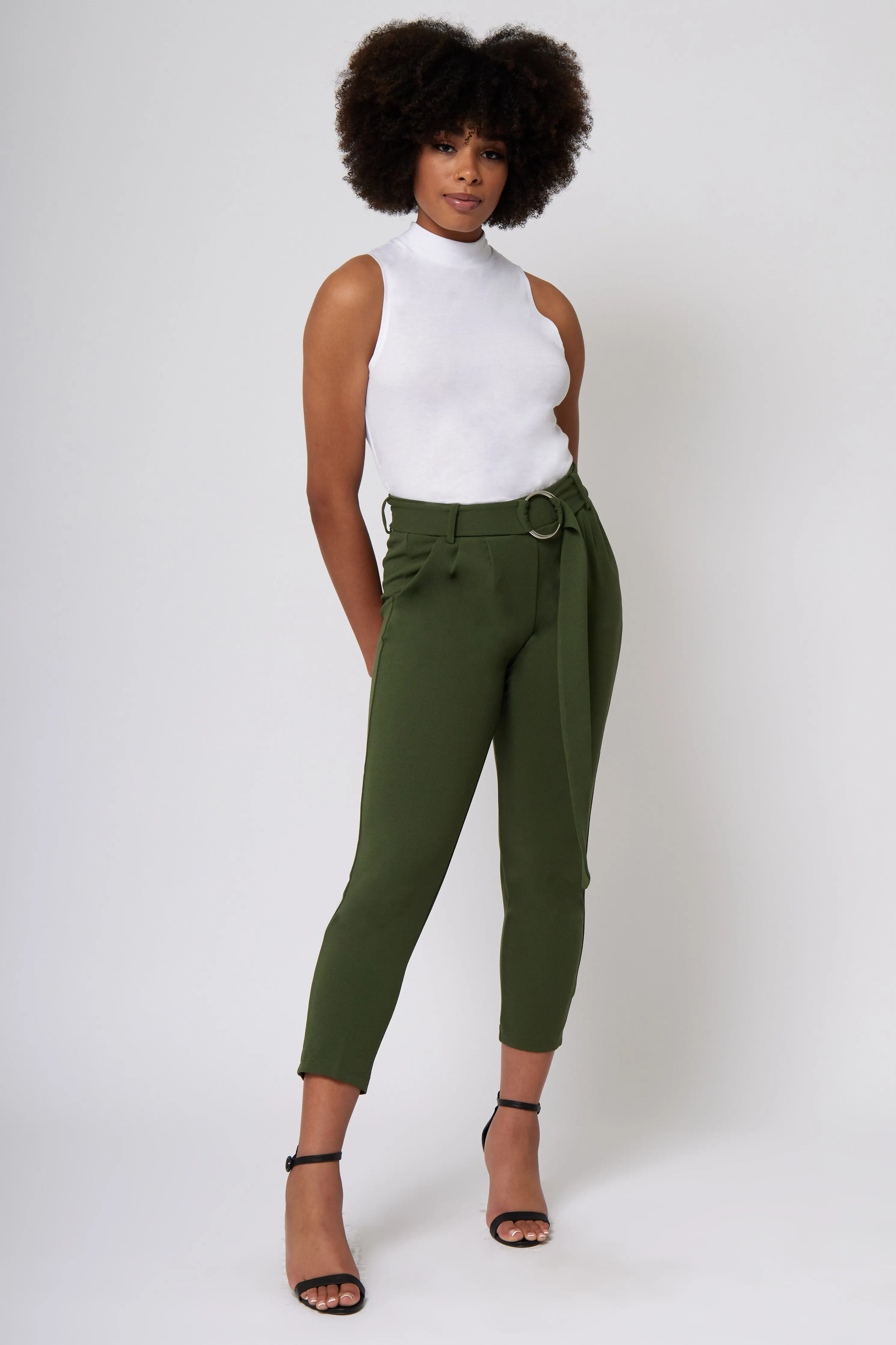 High Rise Self Buckle Knit Crepe Trousers