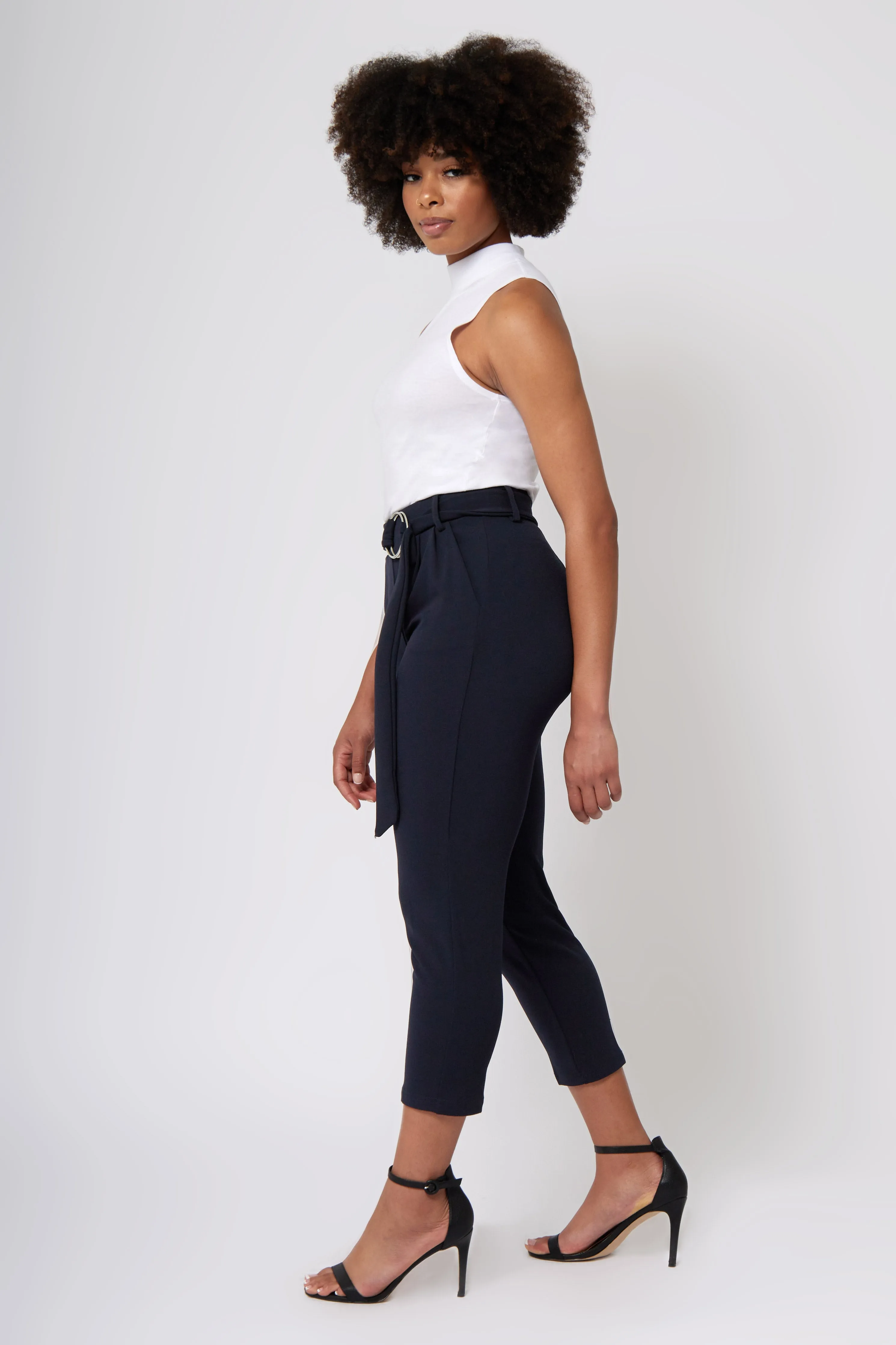 High Rise Self Buckle Knit Crepe Trousers