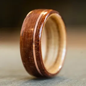 (In-Stock) Iroko Teak Wooden Ring with Natural Whiskey Barrel Liner & Offset Copper - Size 9.25 | 8mm Wide