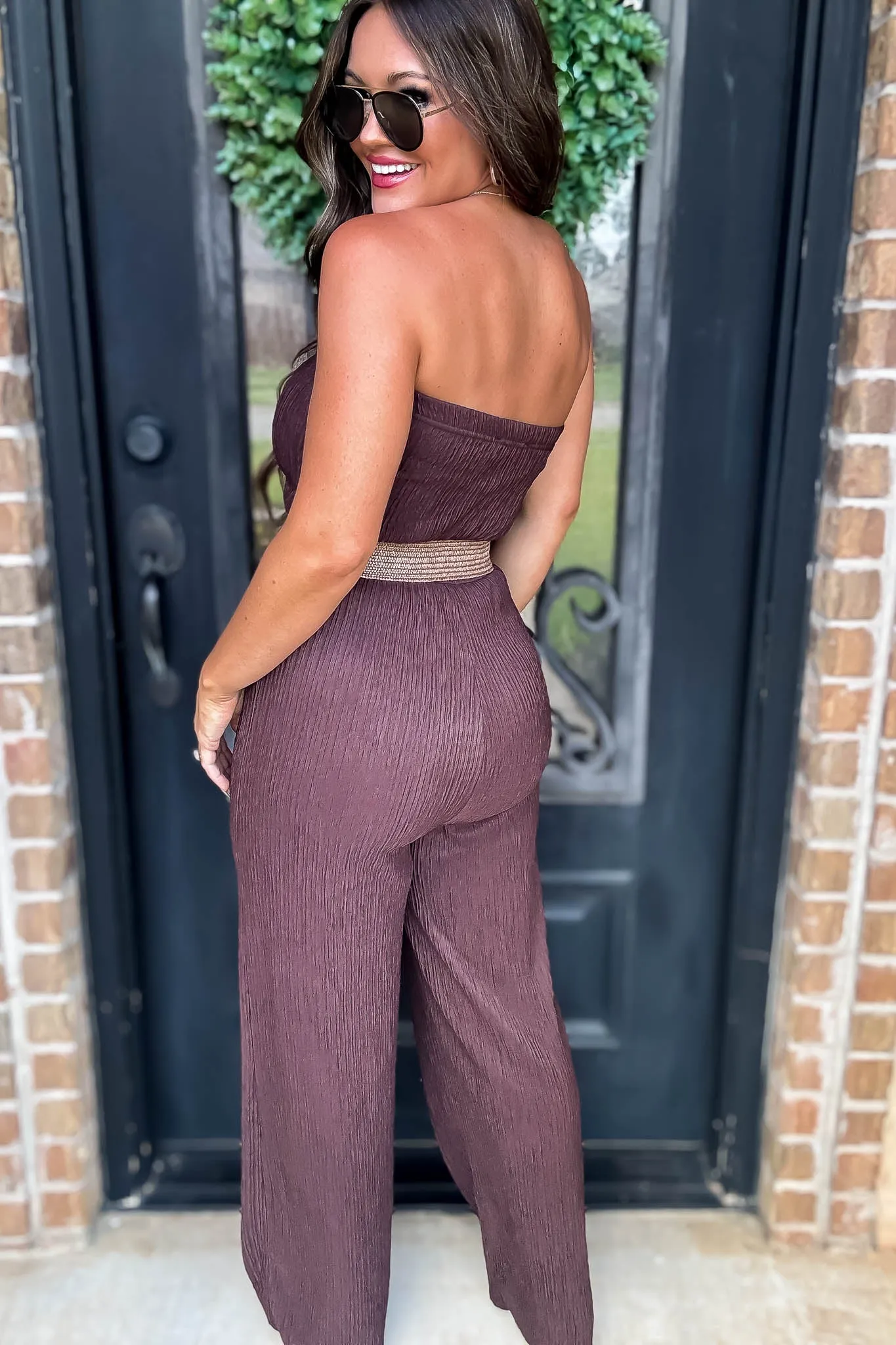 Iris Espresso Strapless Belted Wide Leg Jumpsuit