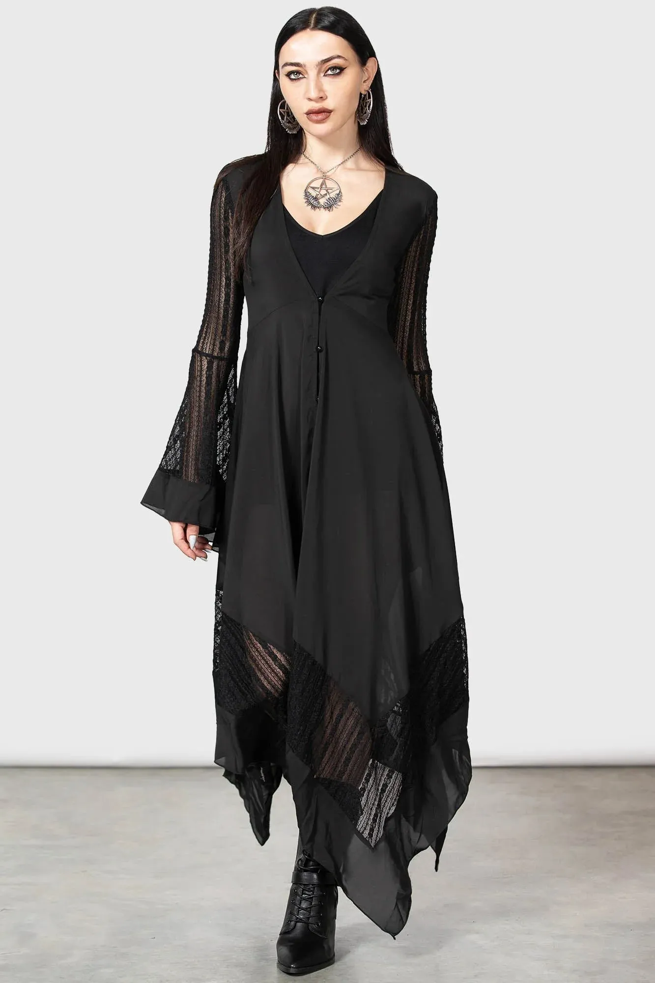 Killstar Valdermerca Maxi Dress Floaty Lace Inserts Classic Goth