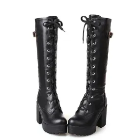 'Long Night' Black Goth Knee High Lace up Boots