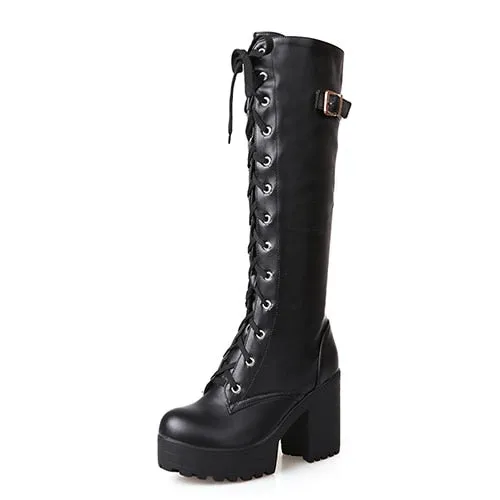 'Long Night' Black Goth Knee High Lace up Boots