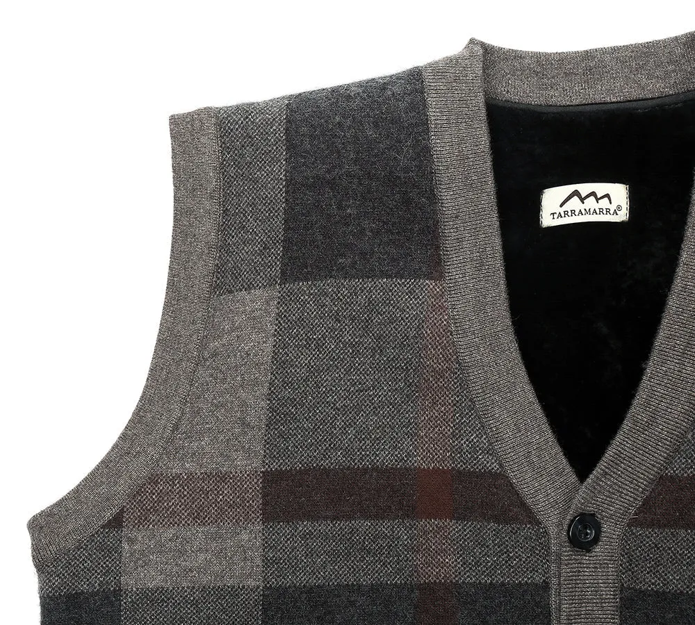 Men Plaid Knitted Wool Vest Detachable Inner Fleece Lining