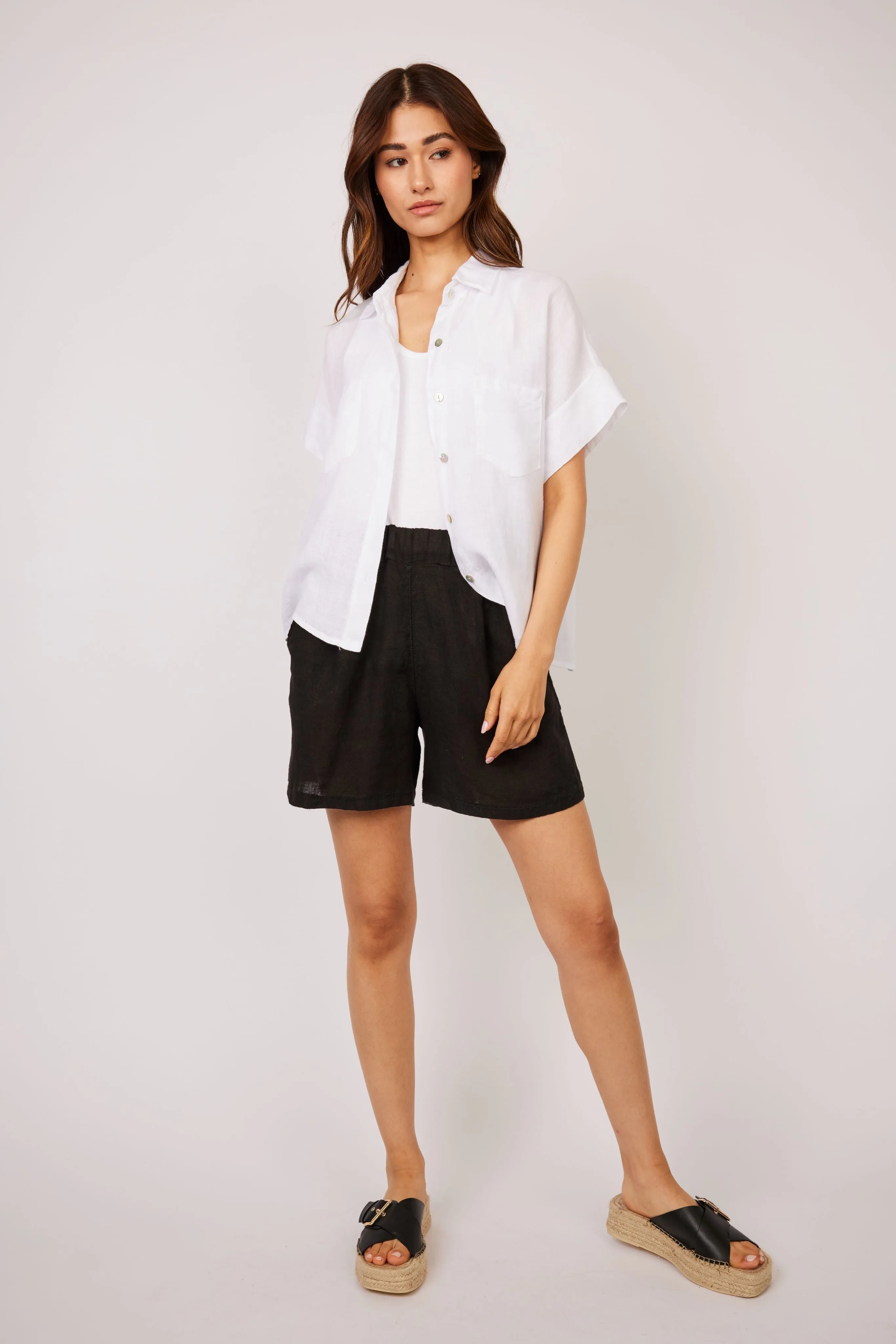 Pistache - Double Pocket Linen Blouse - White