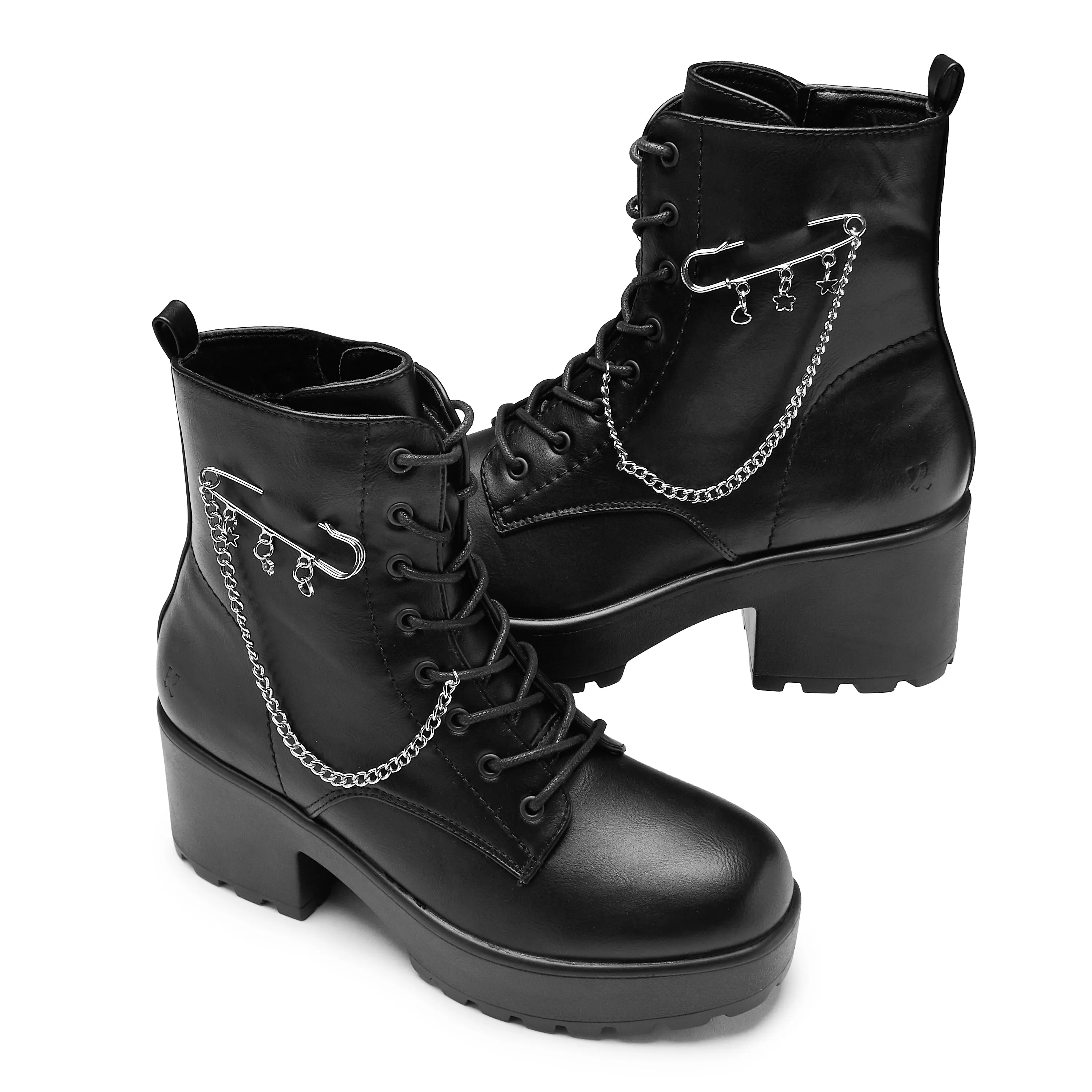 Salvius Safety Pin Military Lace Up Boots - Black