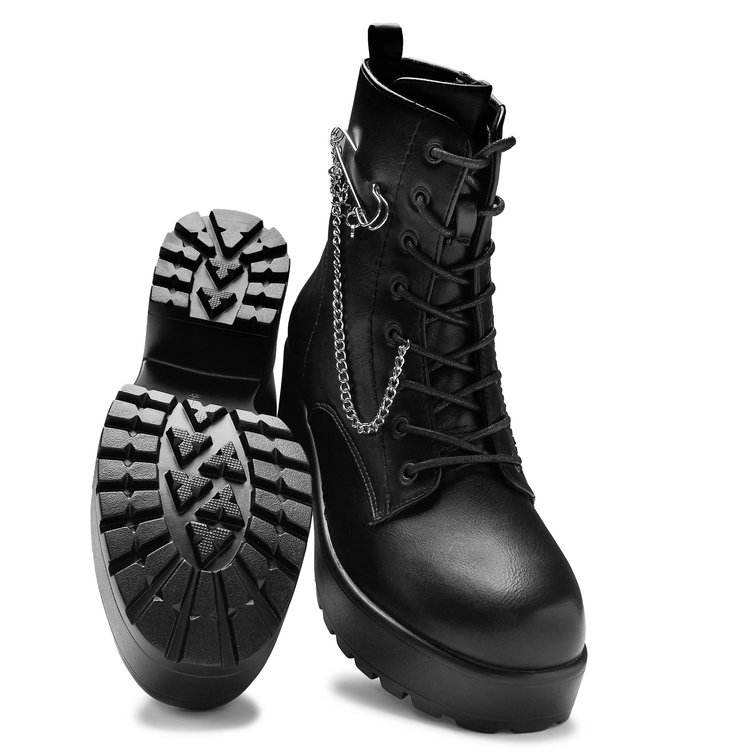 Salvius Safety Pin Military Lace Up Boots - Black