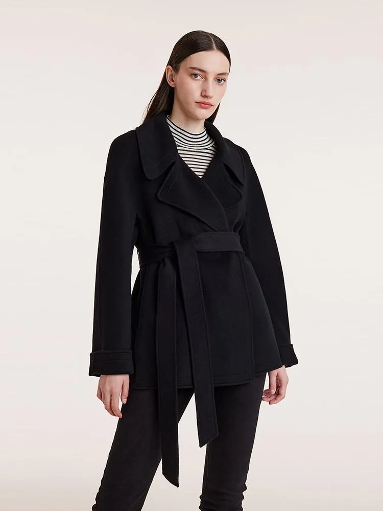 Tencel Wool Lapel Double-Faced Women Coat With Belt