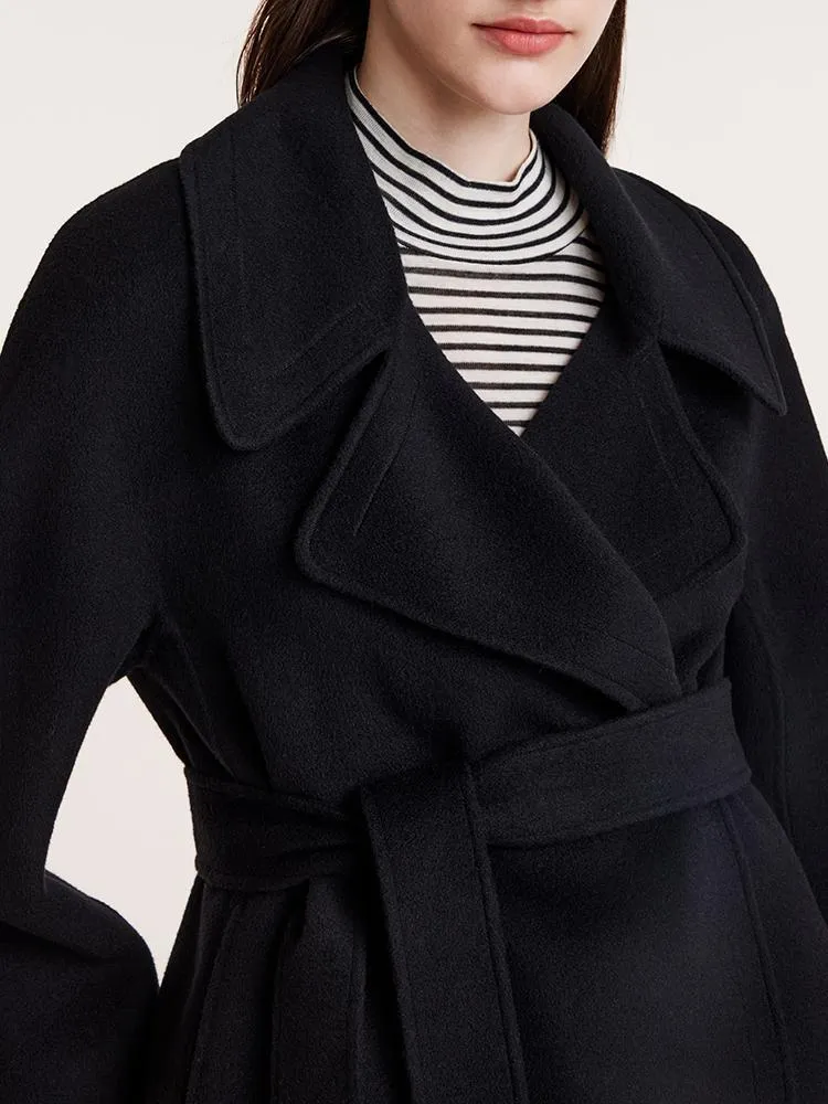 Tencel Wool Lapel Double-Faced Women Coat With Belt