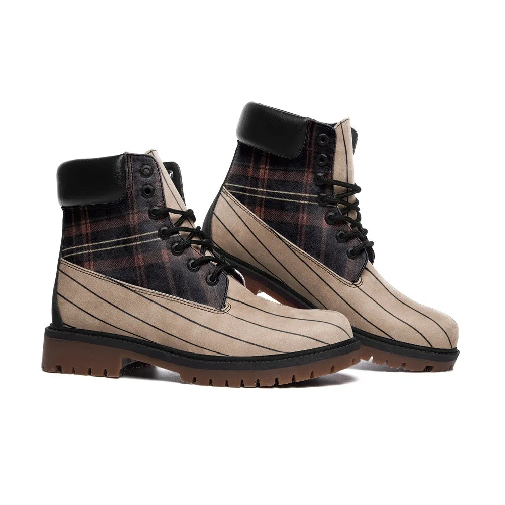 Vampire Art Dark Academia Victorian Beige Striped & Brown Tartan Unisex Faux Leather Lightweight boots - US sizes