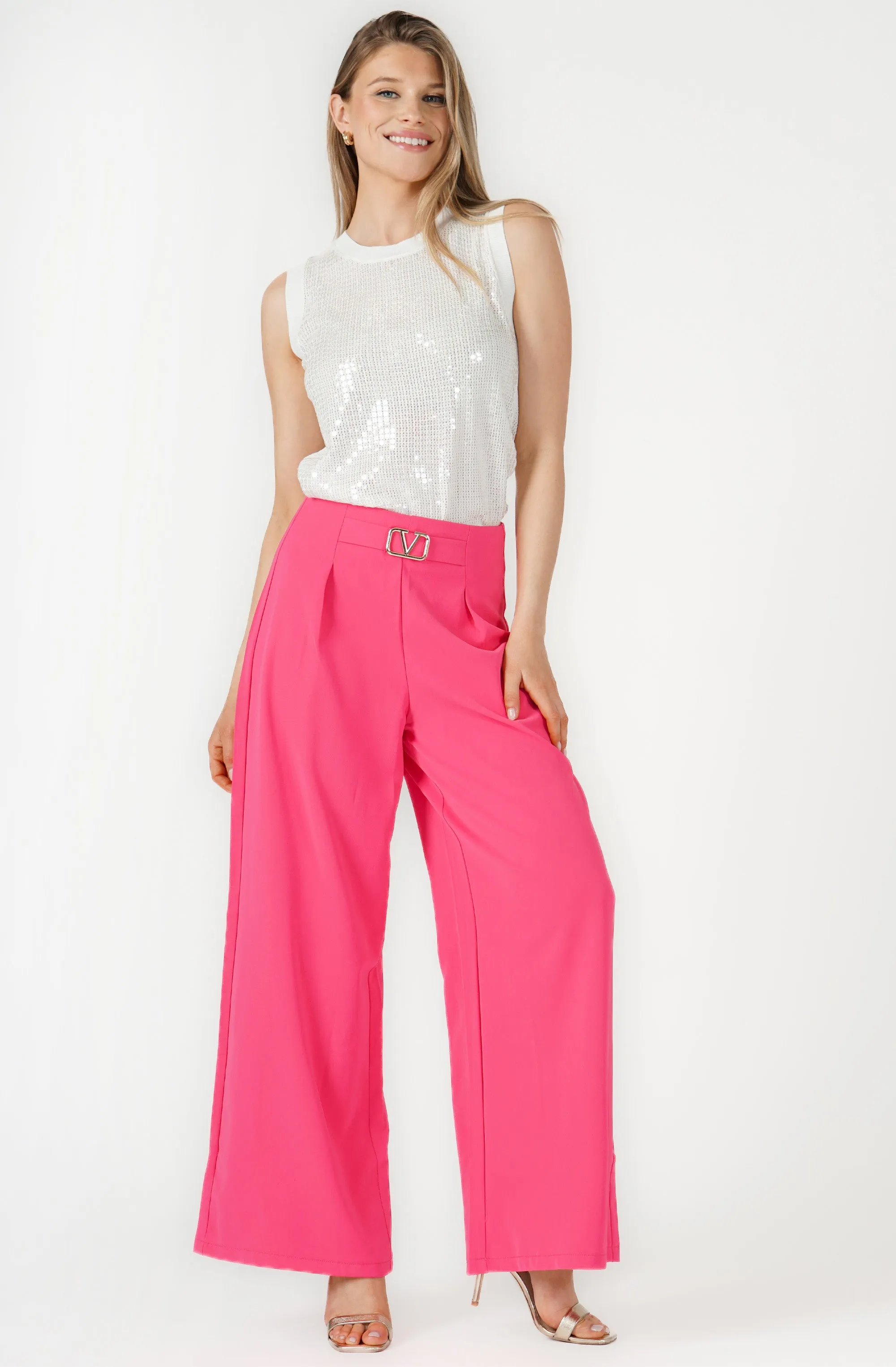 Wide Leg Pant with Gold V Buckle