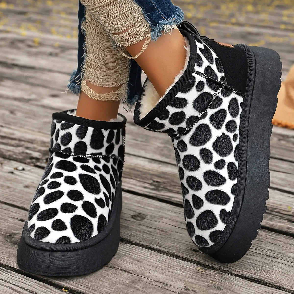 Winter Women Platform Boots New Leopard fashion High Quality Shoes for Women Slip-on Thickened Fluff Snow Round Toe Boots Women