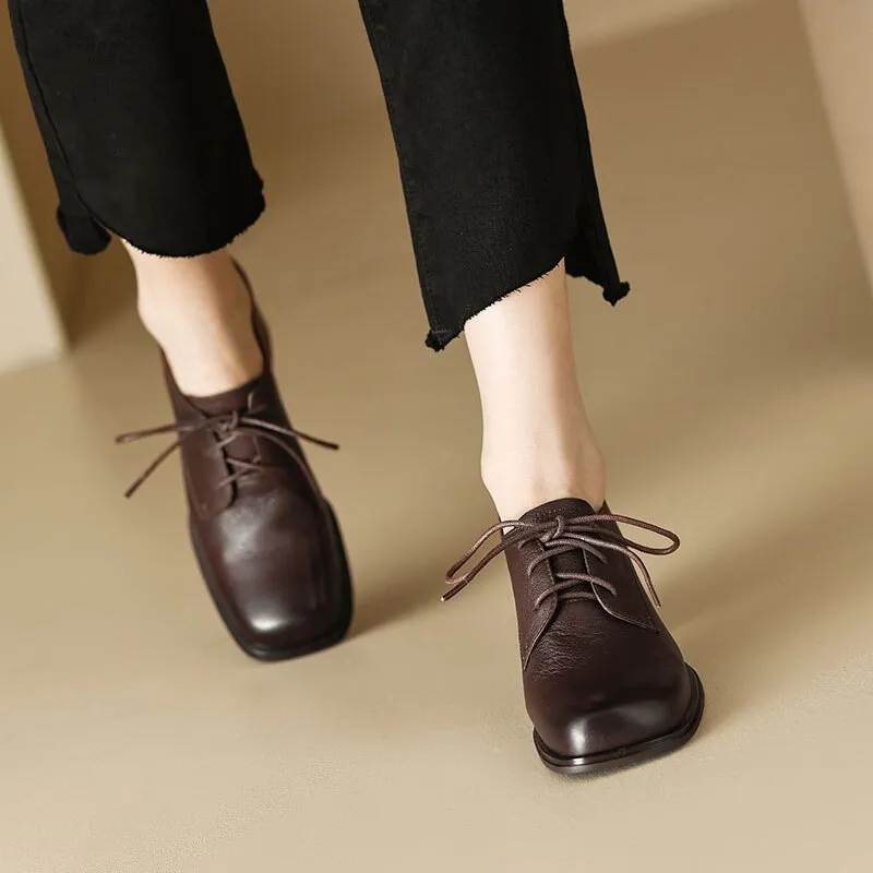 Women Square Toe Lace Up Leather Chunky Derby Shoes 55mm Block Heel in Brown/Black