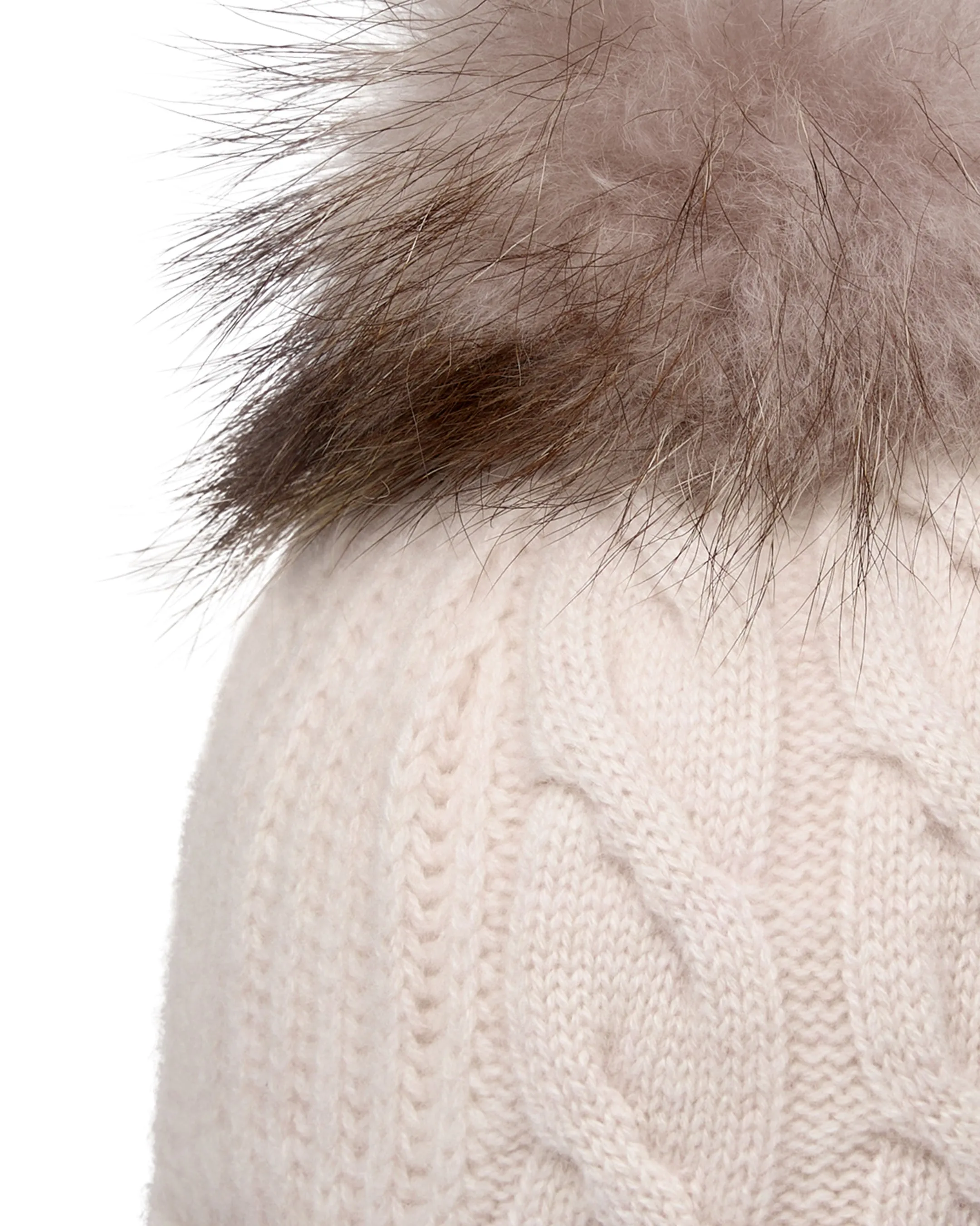 Women's Cable Cashmere Hat With Fur Pom Frost White